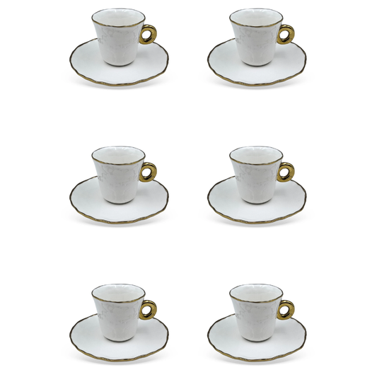 Jogo 6 Xicaras de Café com Pires Cerâmica Branco e Dourado 80ml