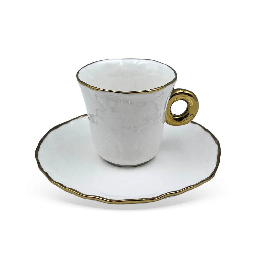 Jogo 6 Xicaras de Café com Pires Cerâmica Branco e Dourado 80ml