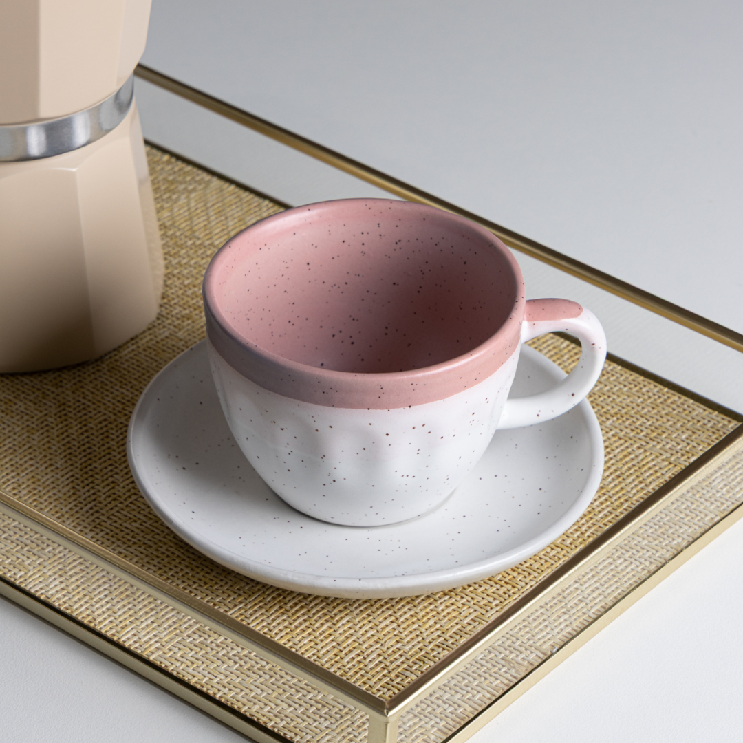 Jogo 4 Xícaras de Chá com Píres Cerâmica Ombre Rosa 210ml